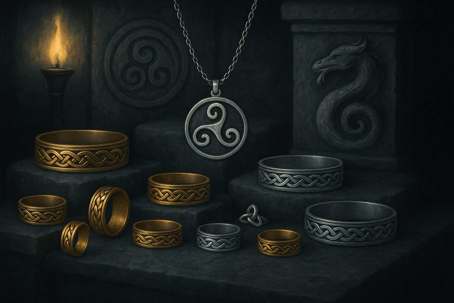 Celtic gold and silver knotwork rings with triskele pendant on a dark mystical background