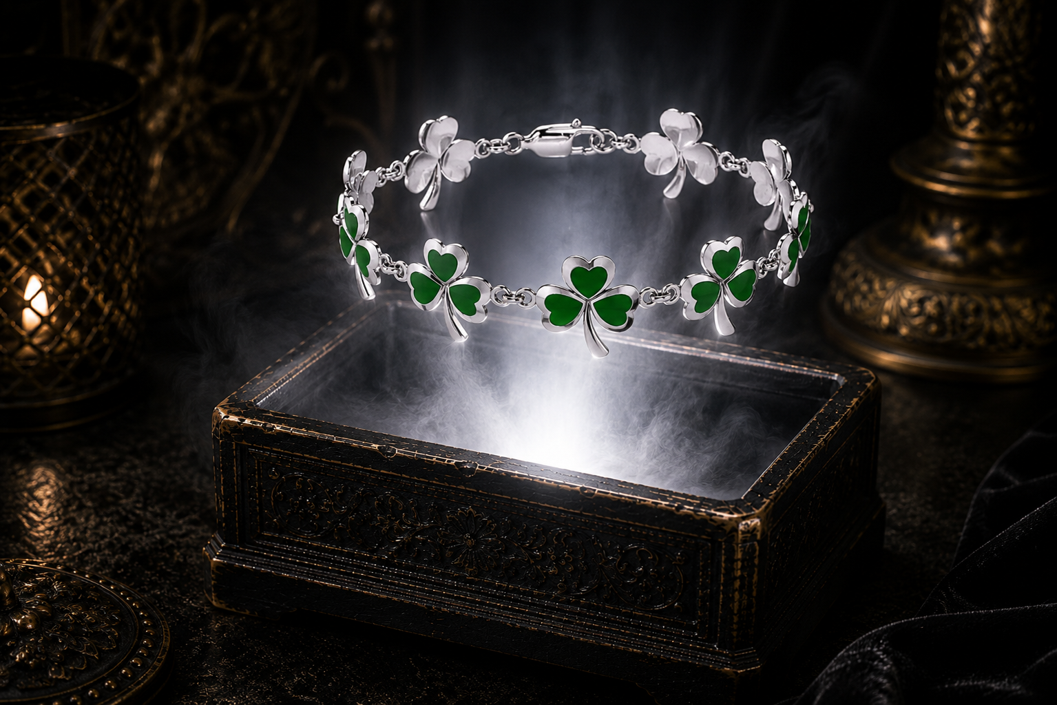 Sterling silver Celtic green shamrock bracelet with vibrant shamrock links hovering above an ornate jewelry box with radiant white glow in a sophisticated shadowed environment.