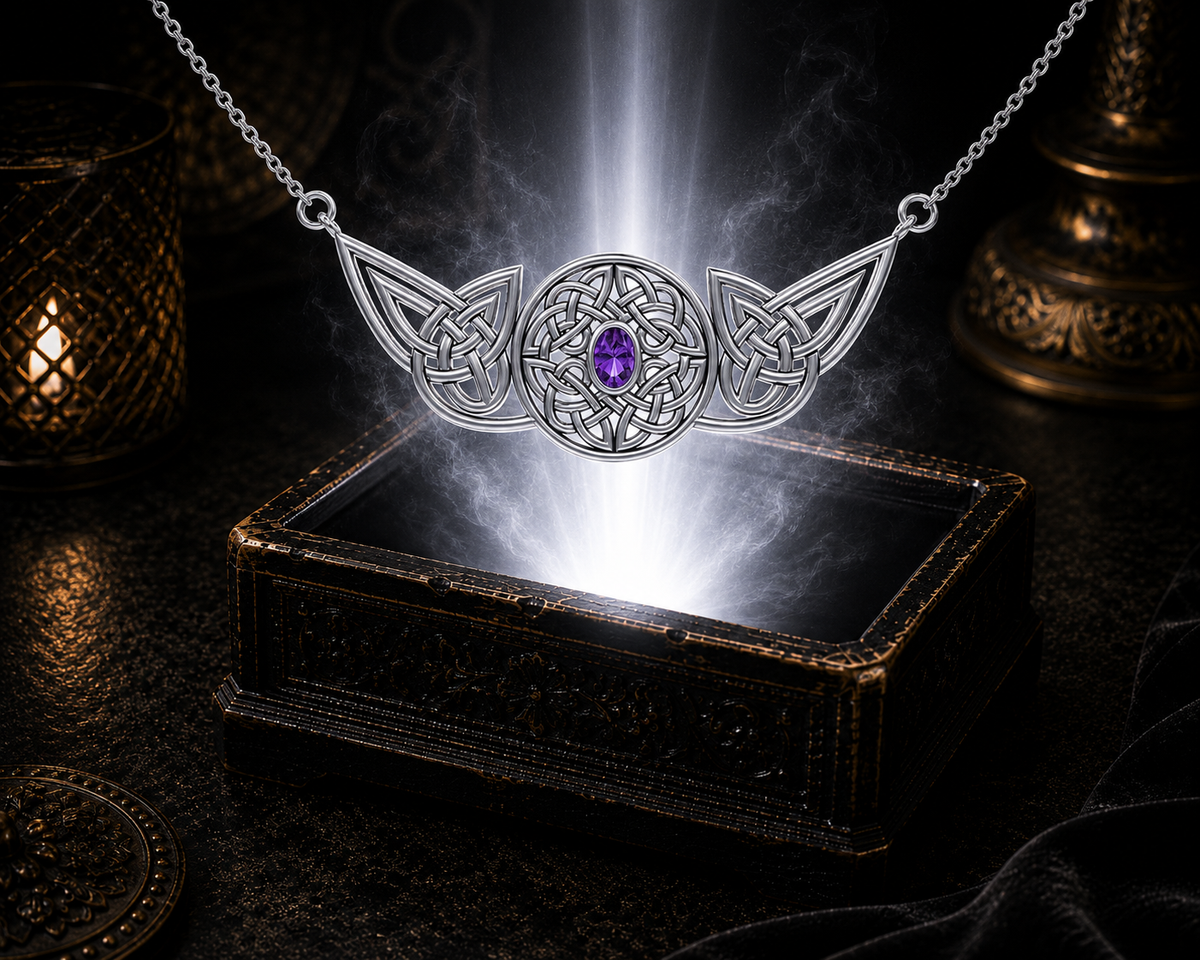 Sterling silver Celtic Guardian Knot necklace with amethyst gemstone floating above a luminous ornate jewelry box in a dark cinematic setting