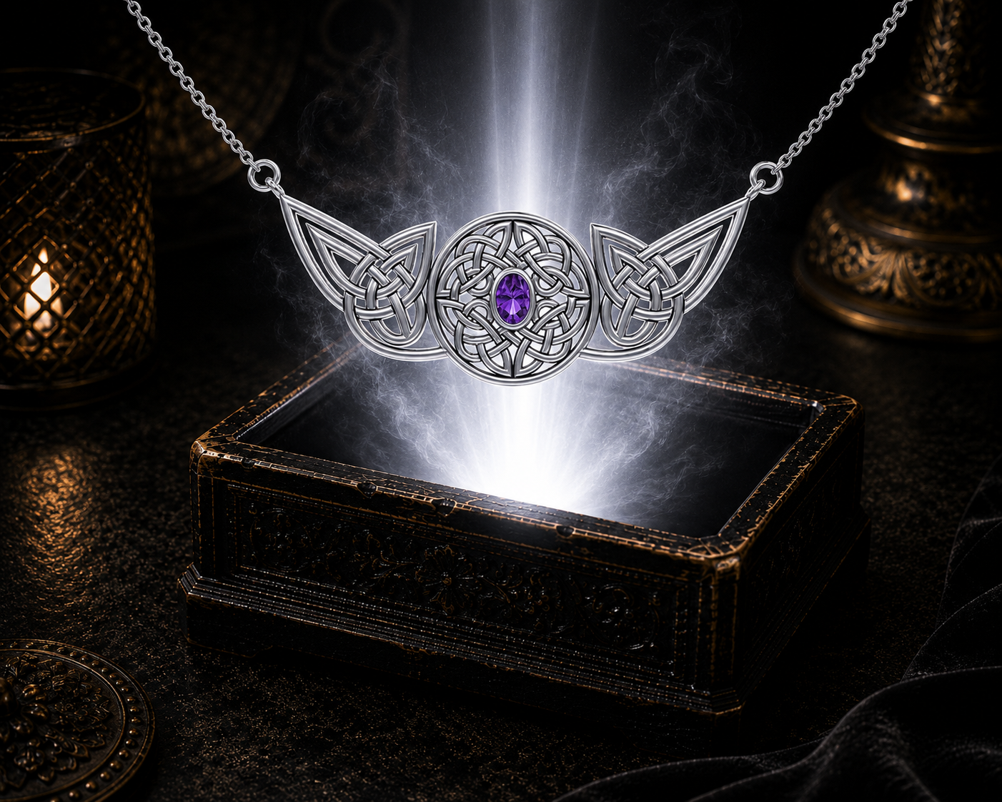 Sterling silver Celtic Guardian Knot necklace with amethyst gemstone floating above a luminous ornate jewelry box in a dark cinematic setting