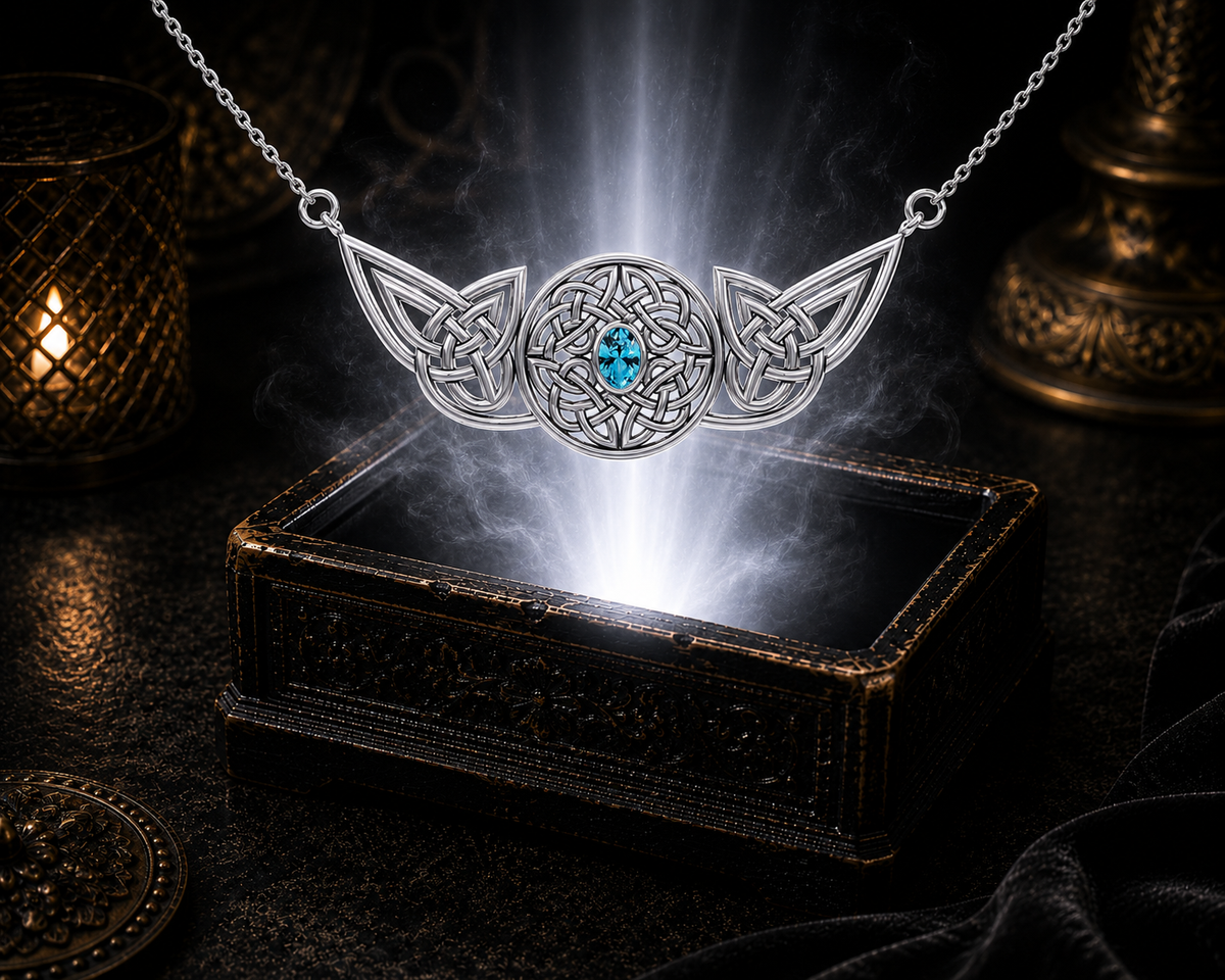 Sterling silver Celtic protection knot necklace with blue topaz gemstone illuminated above an ornate jewelry chest surrounded by soft glowing light