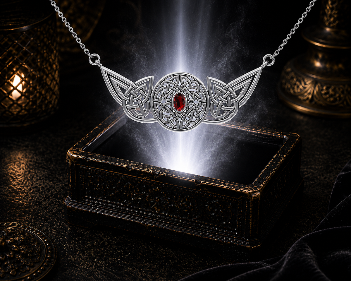 Sterling silver circular Celtic knot necklace with garnet gemstone displayed above an ornate dark jewelry box against a shadowed luxury backdrop