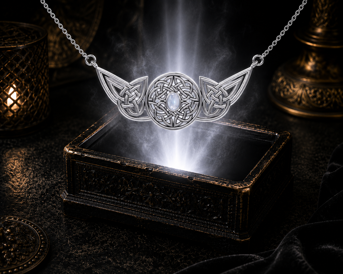 Sterling silver Celtic knotwork necklace with rainbow moonstone gemstone floating above a radiant jewelry chest in an elegant cinematic atmosphere