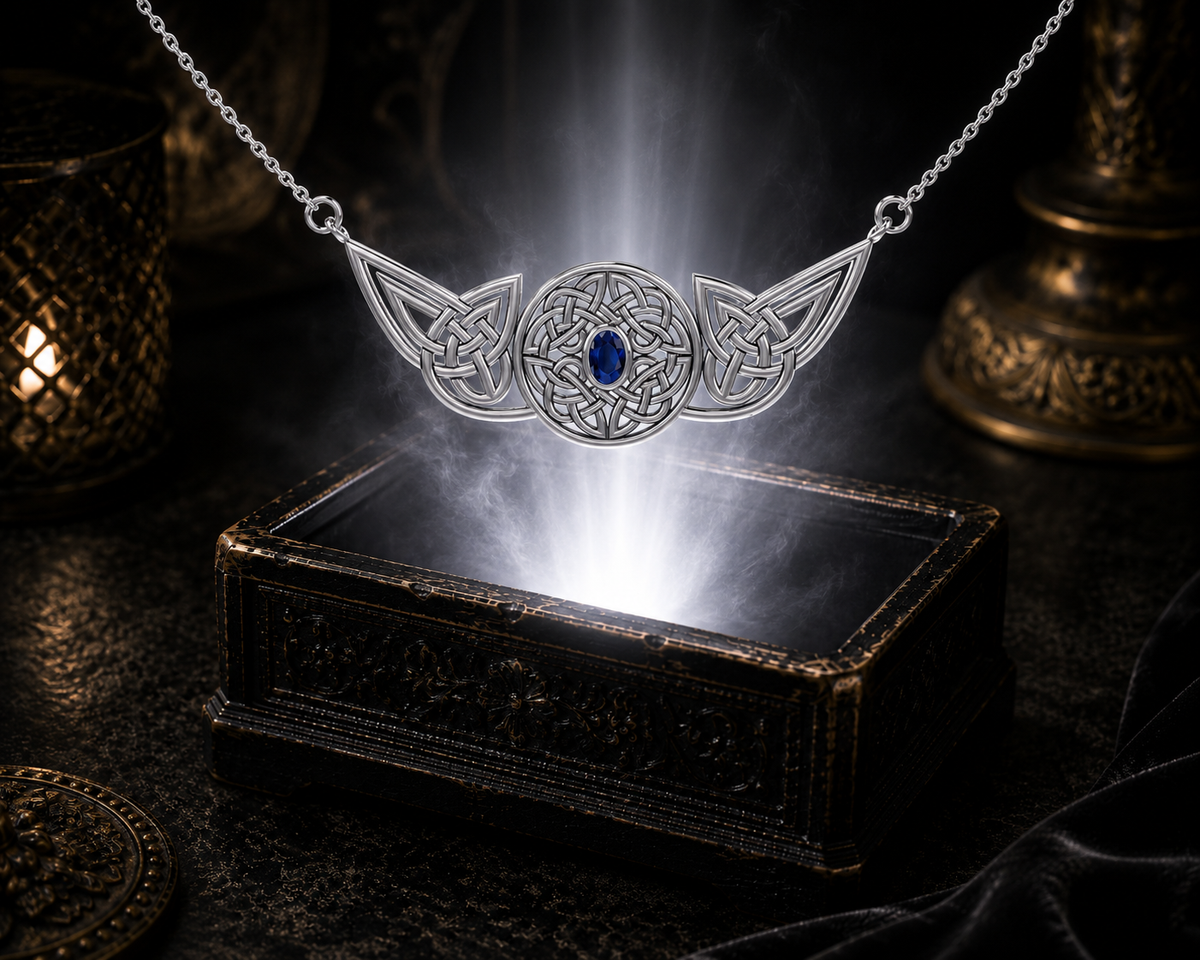 Celtic Guardian Knot sterling silver necklace with sapphire gemstone floating above a glowing jewelry box in a mystical luxury scene