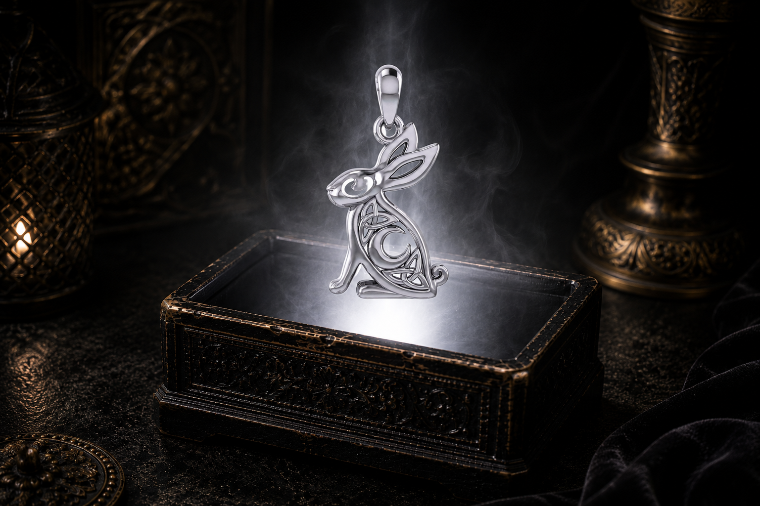 Sterling silver Celtic hare and crescent moon pendant floating above an ornate black jewelry box illuminated by soft white light in a dark luxury setting with candlelight and drifting mist.