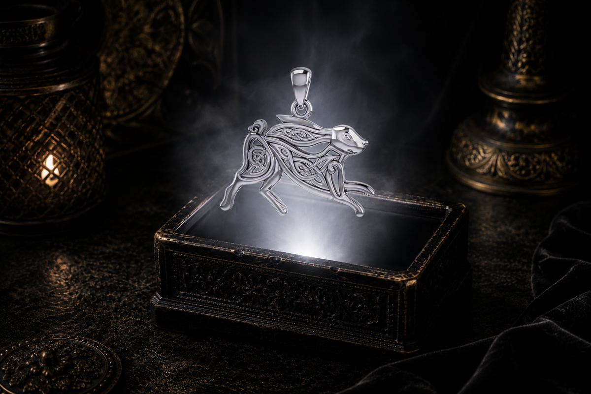 Sterling silver Celtic hare pendant with intricate Celtic knotwork floating above an ornate black jewelry box illuminated by soft white light in a dark luxury setting with candlelight and drifting mist.