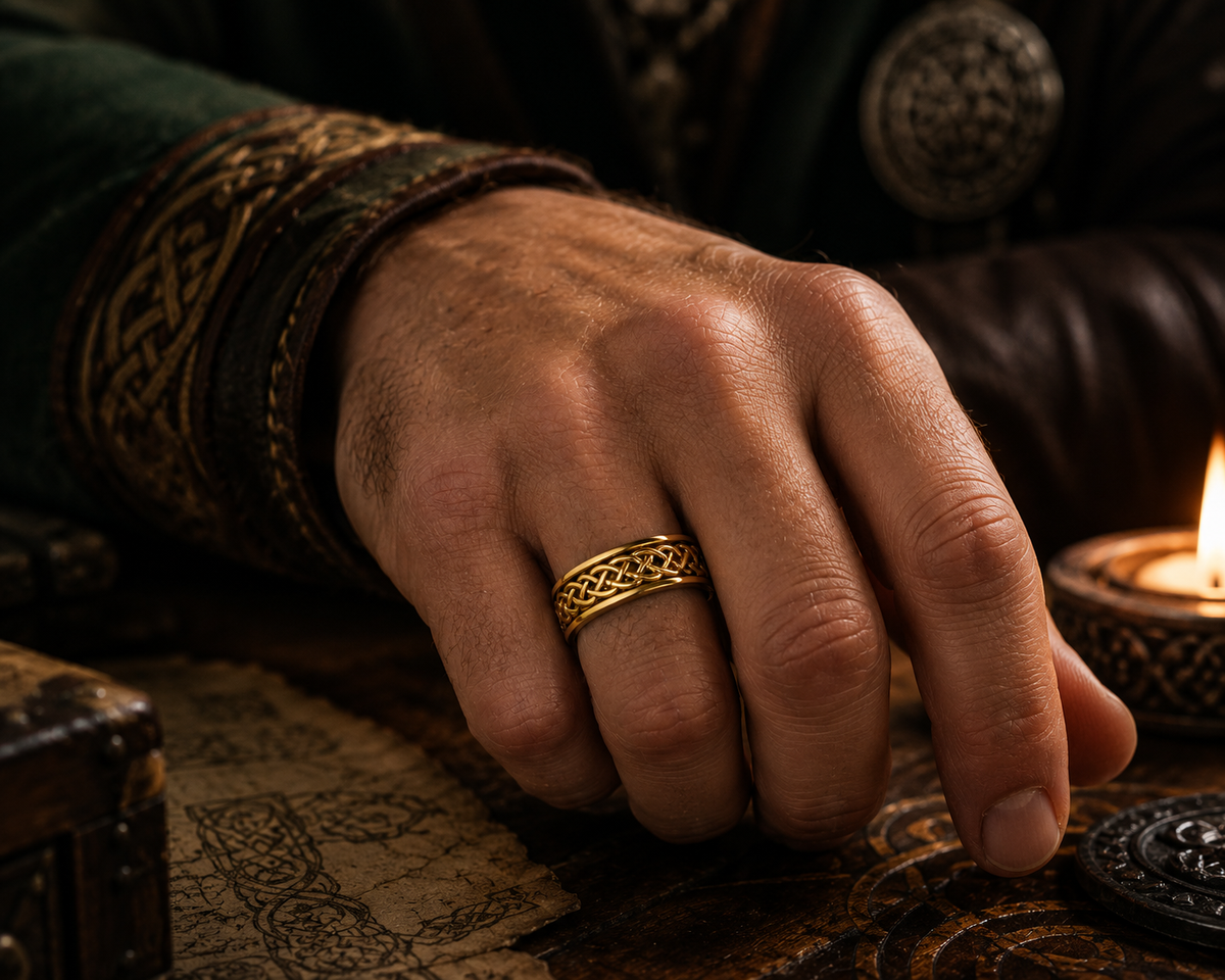Celtic man wearing a 14K gold Celtic harmony spinner ring with intricate knotwork in a warm candlelit Celtic-inspired setting