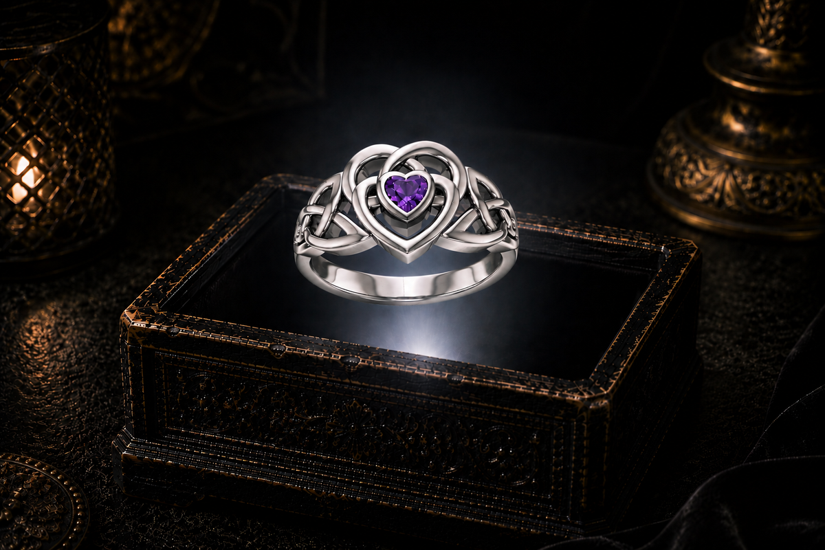 Celtic heart sterling silver ring with purple amethyst gemstone hovering above glowing black jewelry box in mystical gothic atmosphere