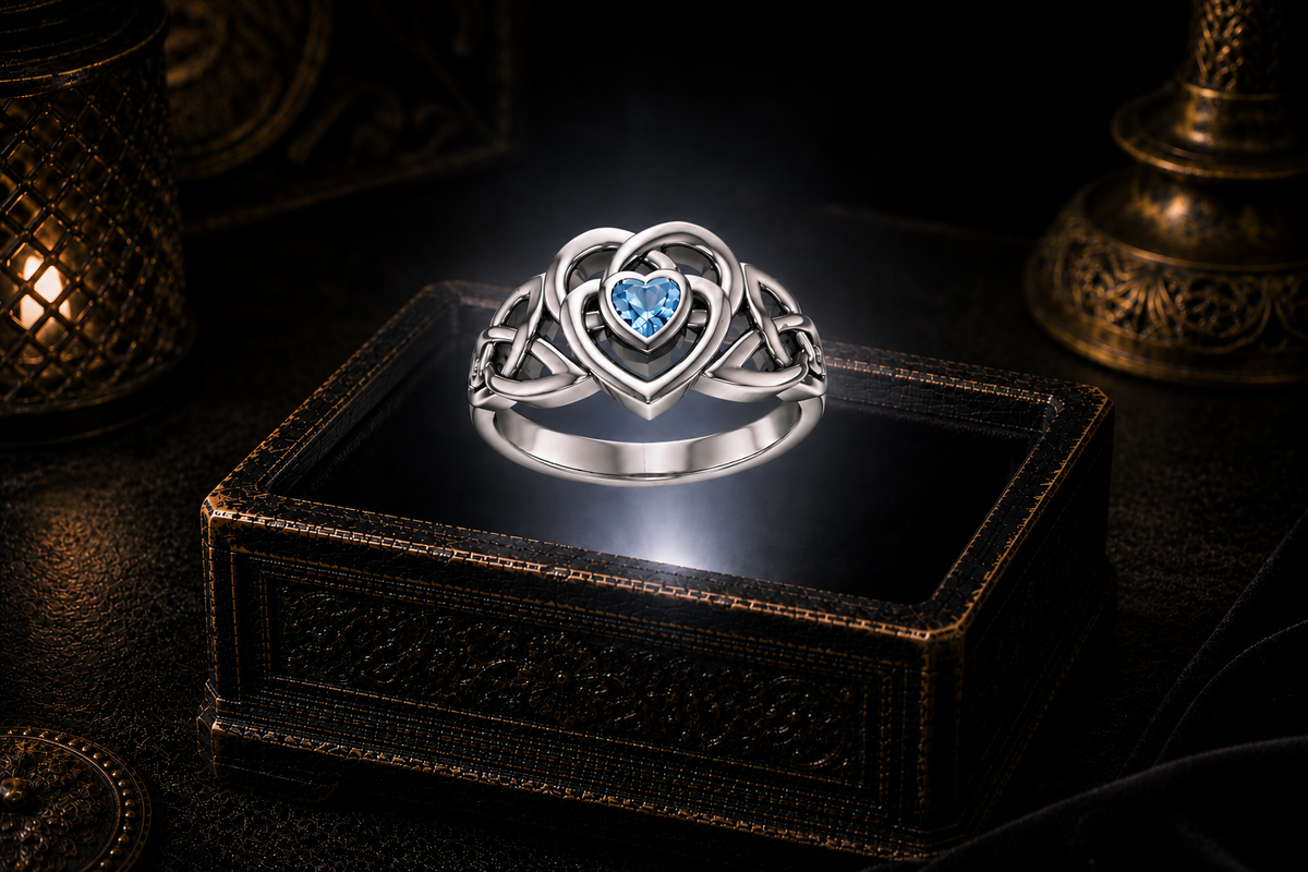 Celtic heart sterling silver ring with bright blue topaz gemstone displayed above illuminated ornate jewelry box in dark cinematic setting