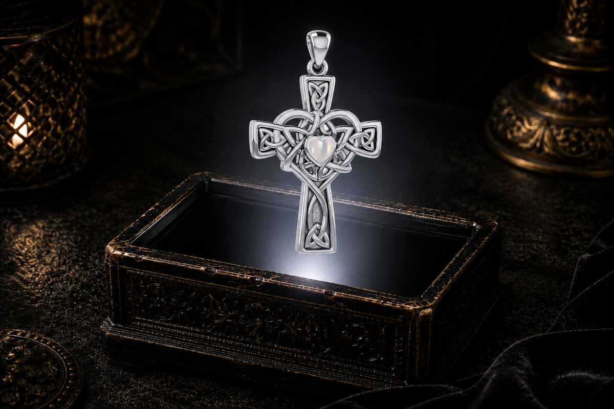 Sterling silver Celtic Heart Cross pendant featuring a heart-shaped Created Mother of Pearl centerpiece floating above a decorative jewelry box in a candlelit scene.