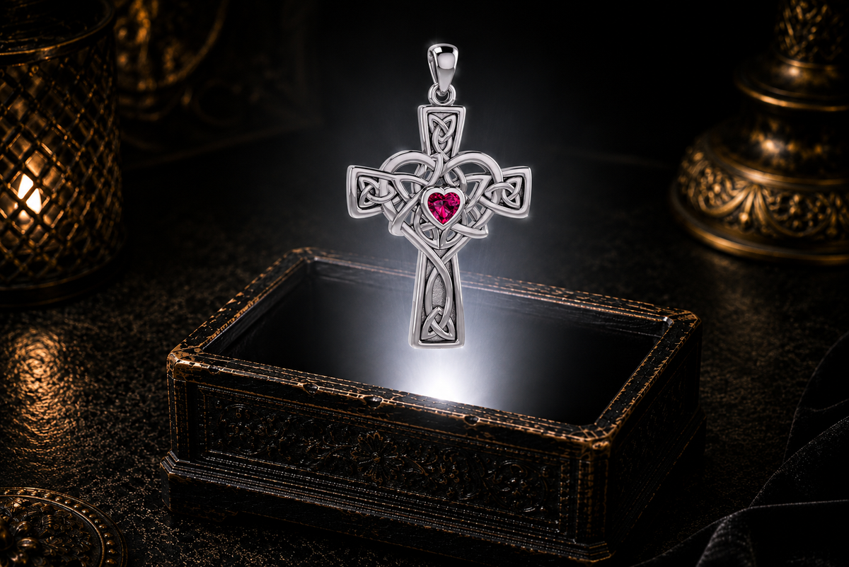Sterling silver Celtic Heart Cross pendant featuring a heart-shaped Created Ruby gemstone surrounded by warm ambient light above an antique jewelry chest.