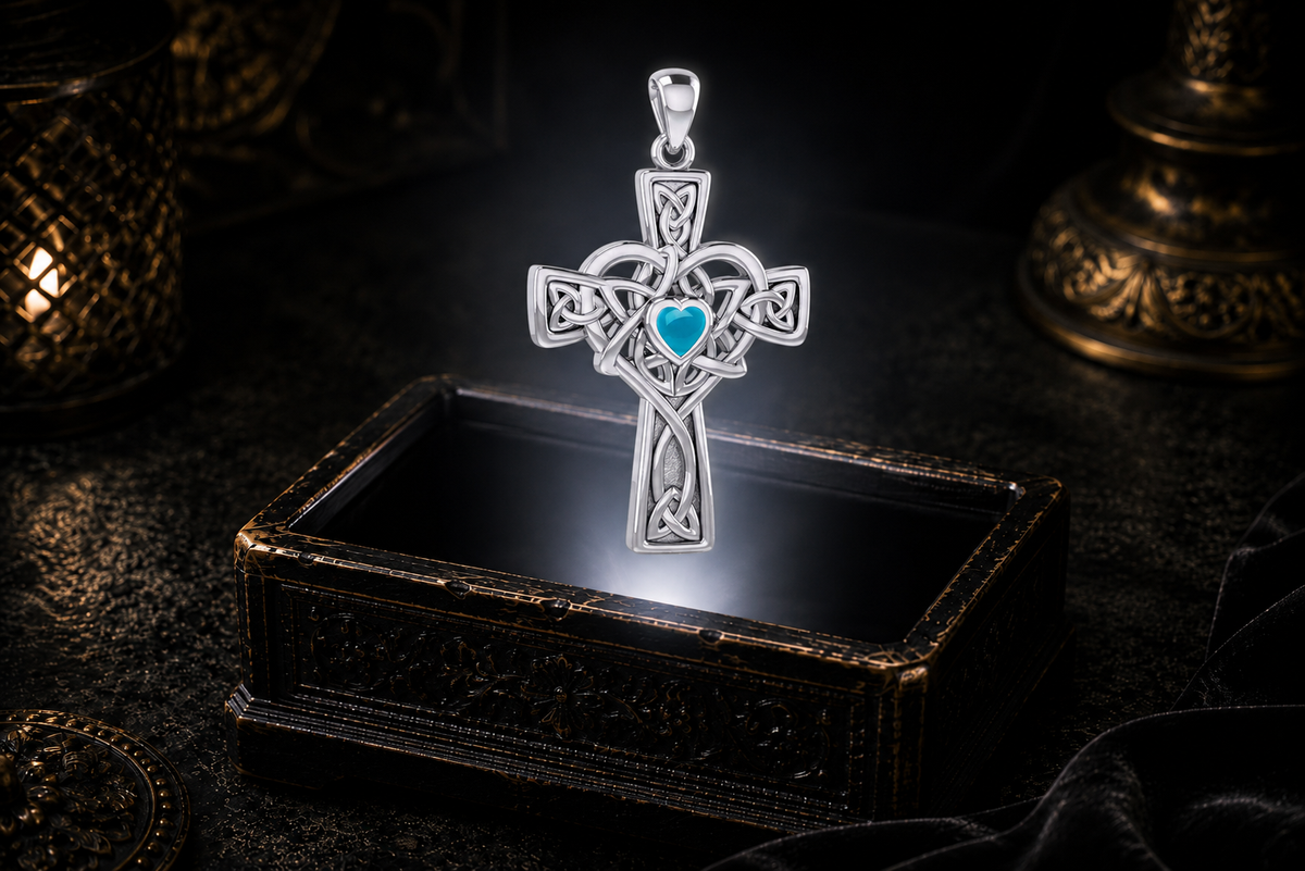 Sterling silver Celtic Heart Cross pendant with a heart-shaped Created Turquoise gemstone showcased above an illuminated jewelry box with warm atmospheric lighting.