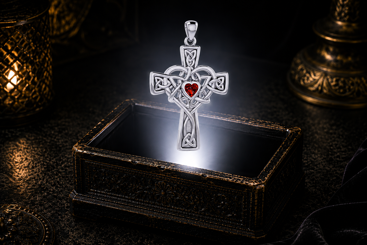 Sterling silver Celtic Heart Cross pendant with a heart-shaped Garnet gemstone displayed above an open jewelry box in a rich, candlelit setting.