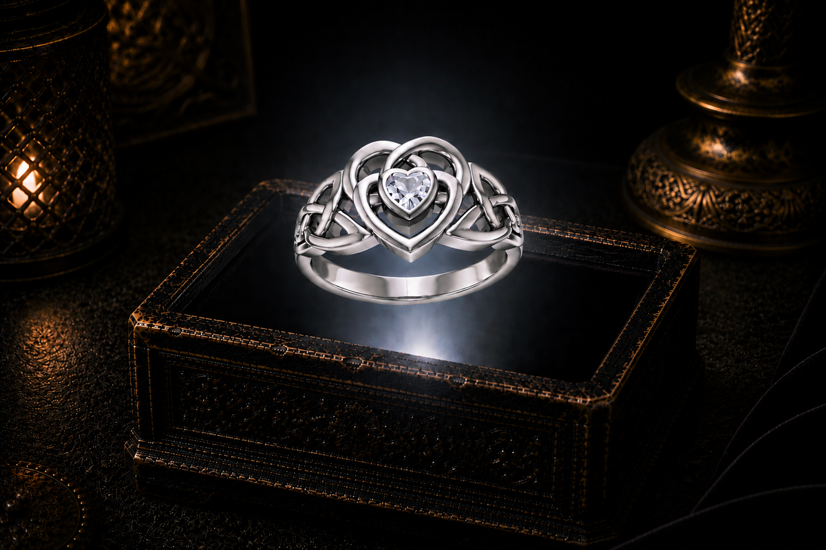 Celtic heart sterling silver ring with sparkling clear cubic zirconia gemstone hovering above glowing vintage jewelry box in dramatic luxury setting