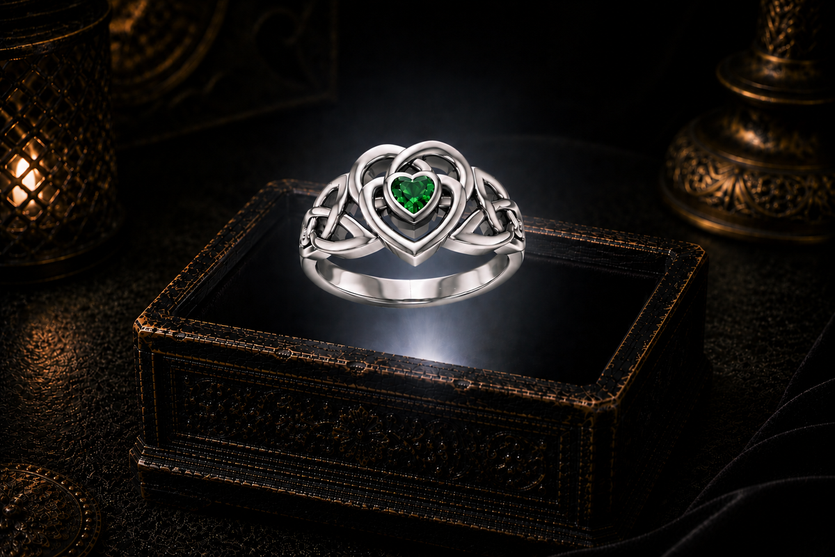 Celtic heart sterling silver ring with vivid emerald green gemstone floating above glowing antique jewelry box in luxurious moody environment