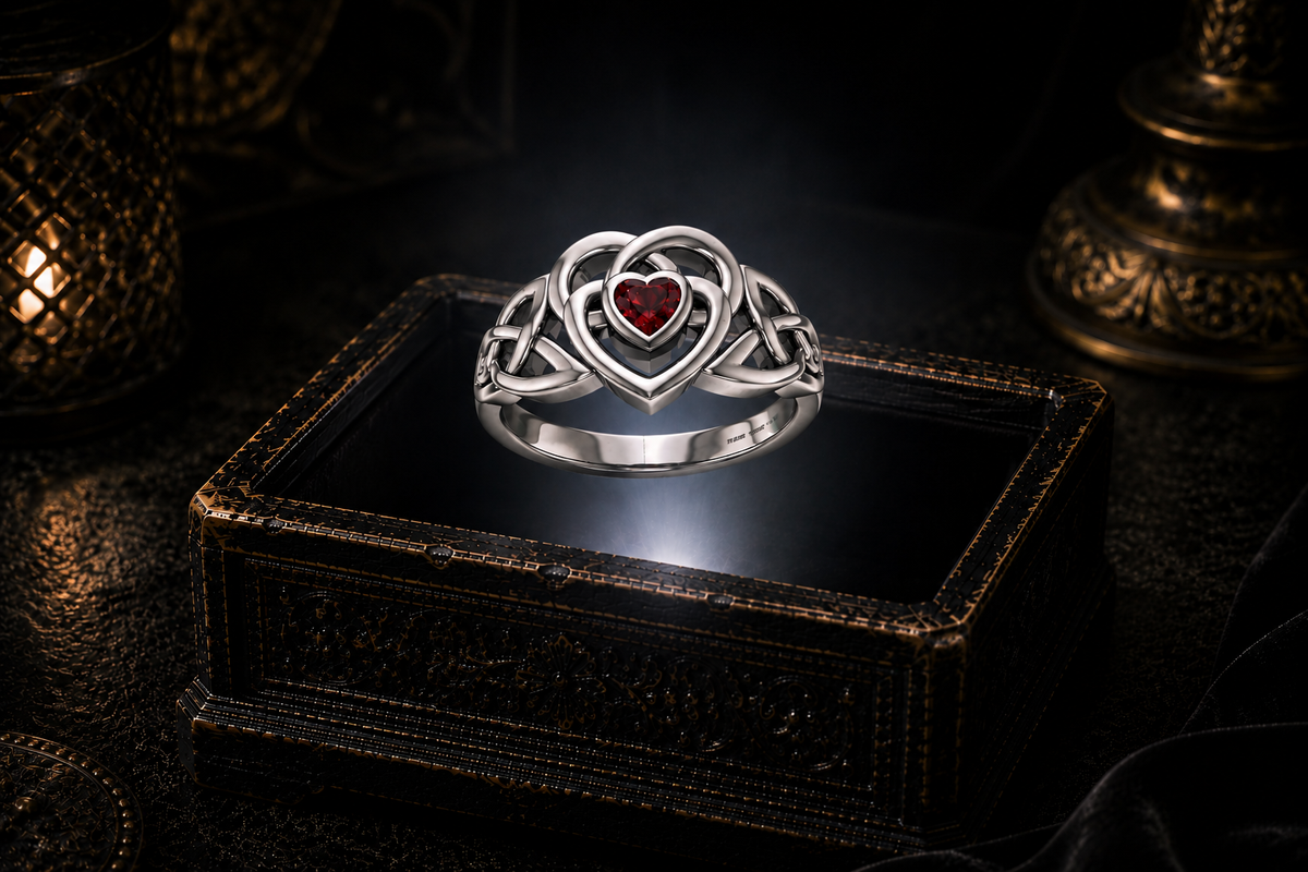Celtic heart sterling silver ring with deep red garnet gemstone floating above illuminated antique jewelry box in dark cinematic luxury setting