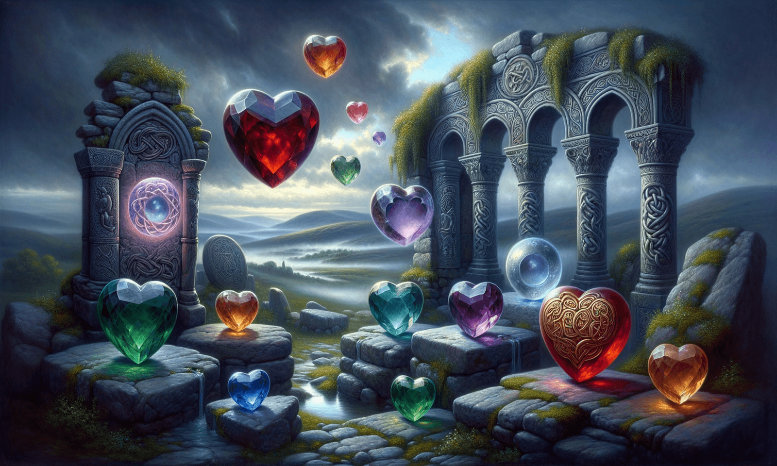 Colorful crystal hearts floating among ancient Celtic stone ruins in a mystical landscape