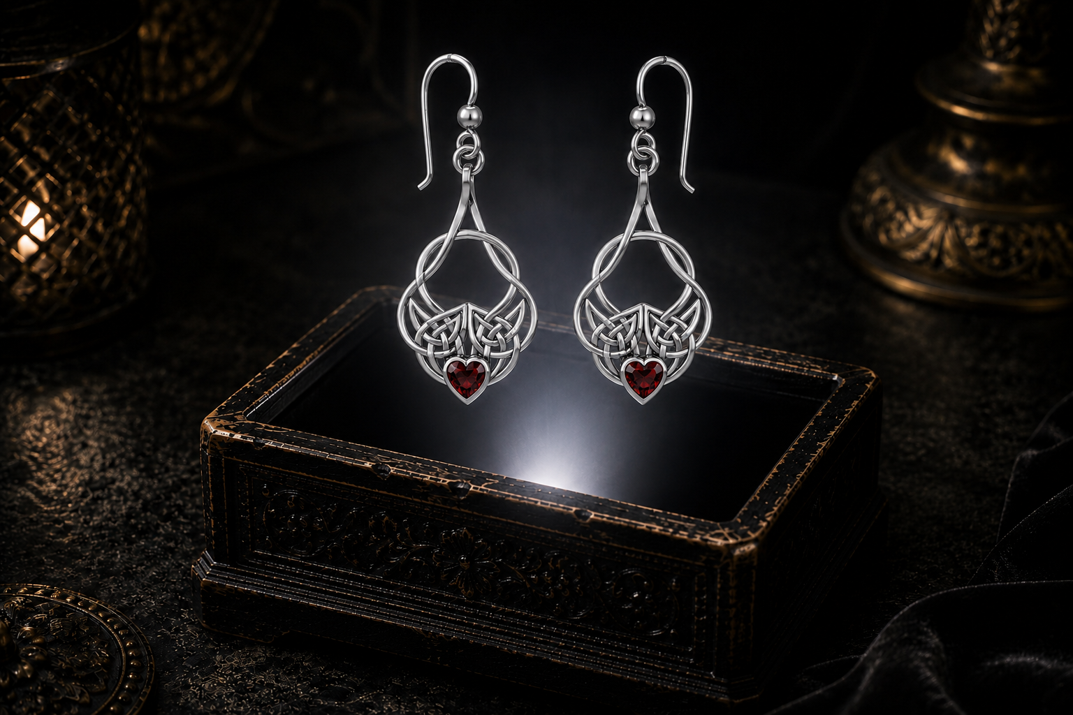 Sterling silver Celtic heart knot earrings with garnet heart gemstones floating above a glowing ornate jewelry box in a dark luxurious mystical setting