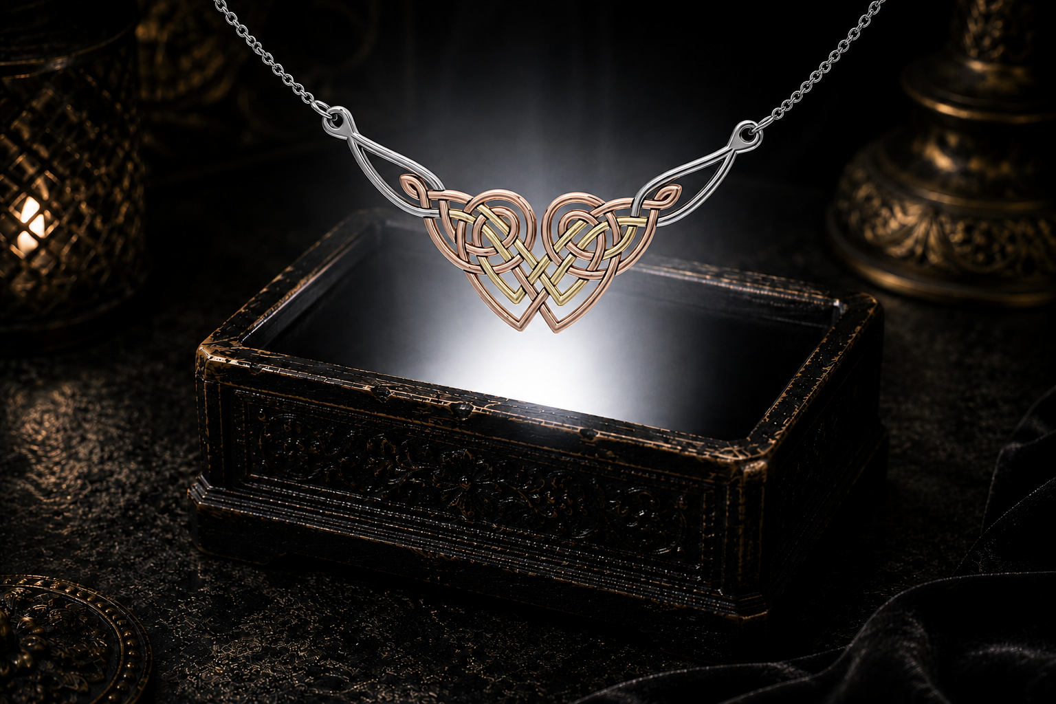 Sterling silver Celtic heart knot necklace with yellow gold and rose gold accents floating above a luminous dark jewelry chest