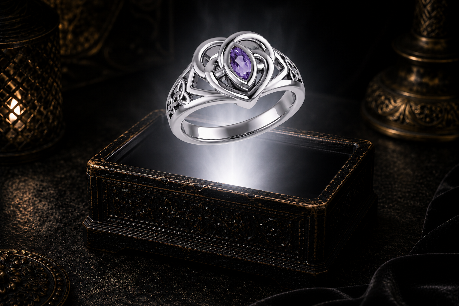 Sterling silver Celtic knotwork heart ring with garnet gemstone floating above a glowing antique jewelry box in a dark cinematic luxury setting