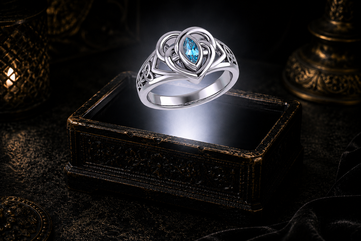 Sterling silver Celtic knotwork heart ring with blue topaz gemstone showcased above a glowing antique jewelry box in a luxurious cinematic atmosphere