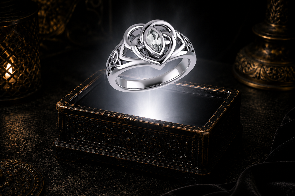 Sterling silver Celtic knotwork heart ring with cubic zirconia gemstone hovering above a radiant antique jewelry box in a dark luxury setting