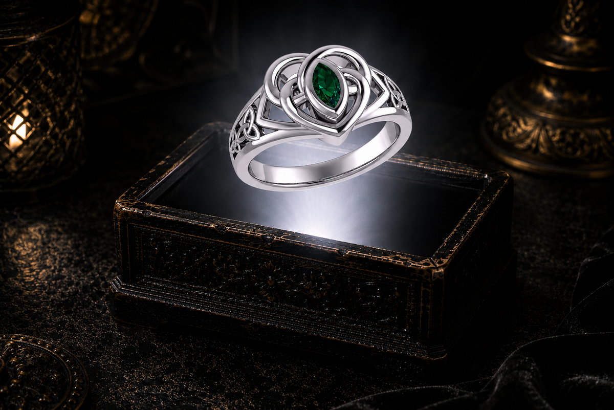Sterling silver Celtic knotwork heart ring with emerald green gemstone floating above an illuminated antique jewelry box with cinematic fantasy styling