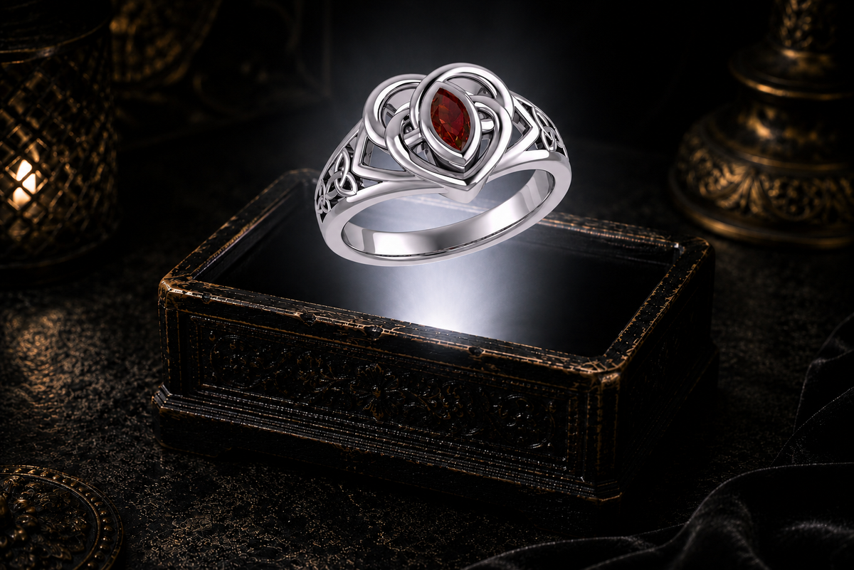 Sterling silver Celtic knotwork heart ring with garnet gemstone floating above a glowing antique jewelry box in a dark cinematic luxury setting