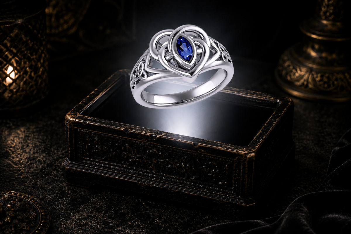 Sterling silver Celtic knotwork heart ring with sapphire gemstone displayed above a glowing antique jewelry box in a dramatic cinematic scene