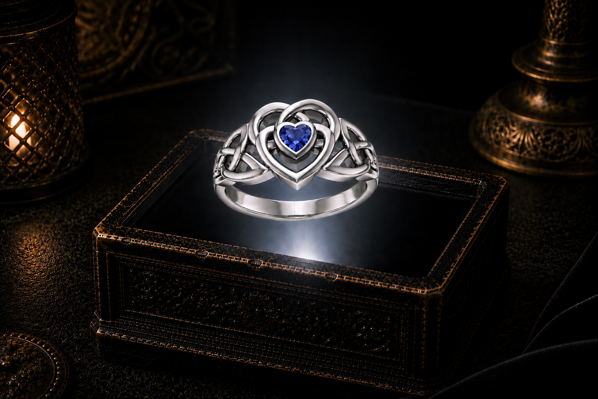 Celtic heart sterling silver ring with rich sapphire blue gemstone showcased above illuminated black jewelry box in elegant fantasy-inspired scene