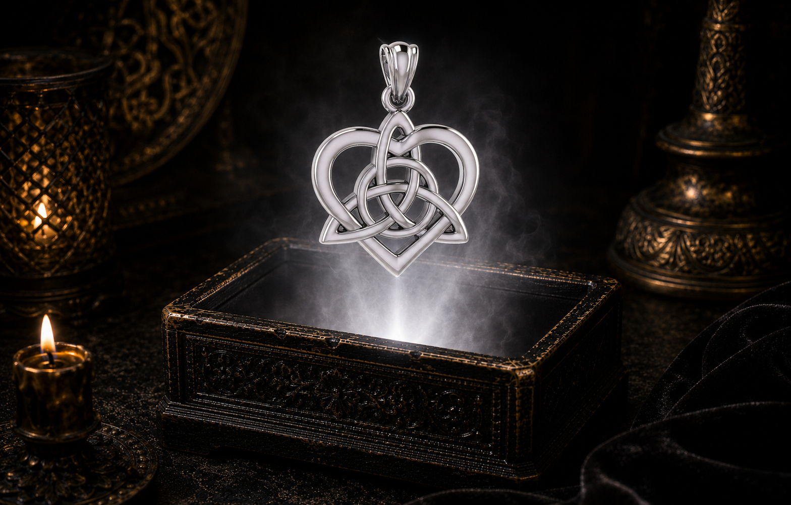 Sterling silver Celtic Heart Trinity Knot pendant with chain featuring a polished openwork heart with an interwoven Triquetra, inspired by traditional Irish Celtic jewelry and symbolizing eternal love and unity.