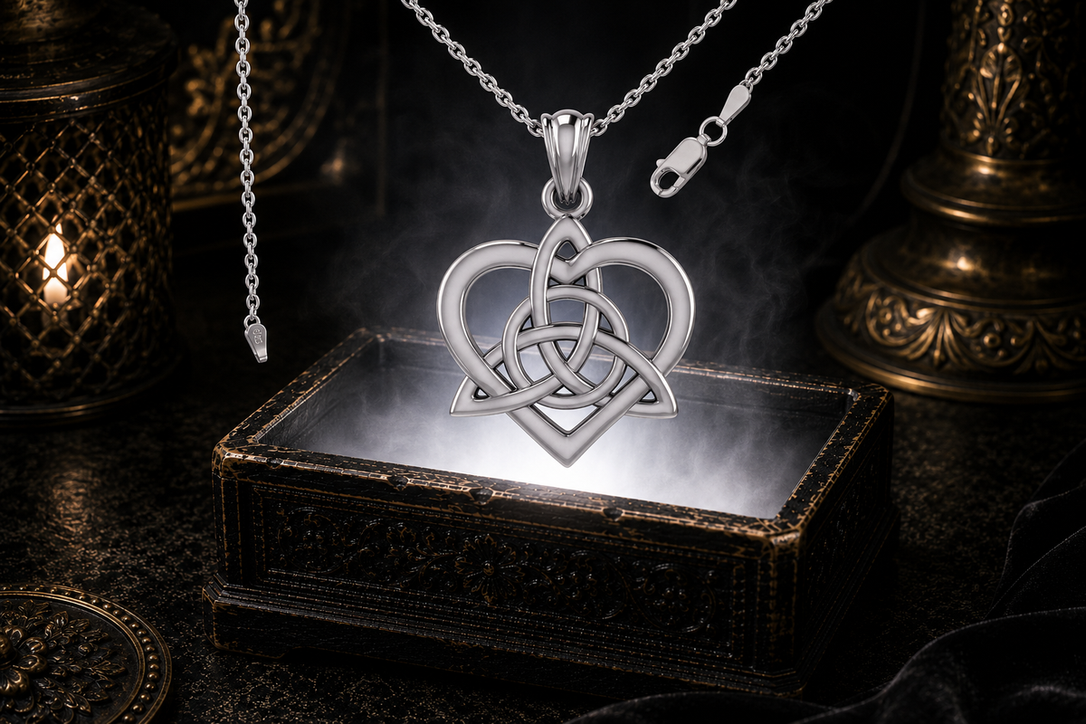Sterling silver Celtic Heart Trinity Knot pendant with chain featuring a polished openwork heart with an interwoven Triquetra, inspired by traditional Irish Celtic jewelry and symbolizing eternal love and unity.