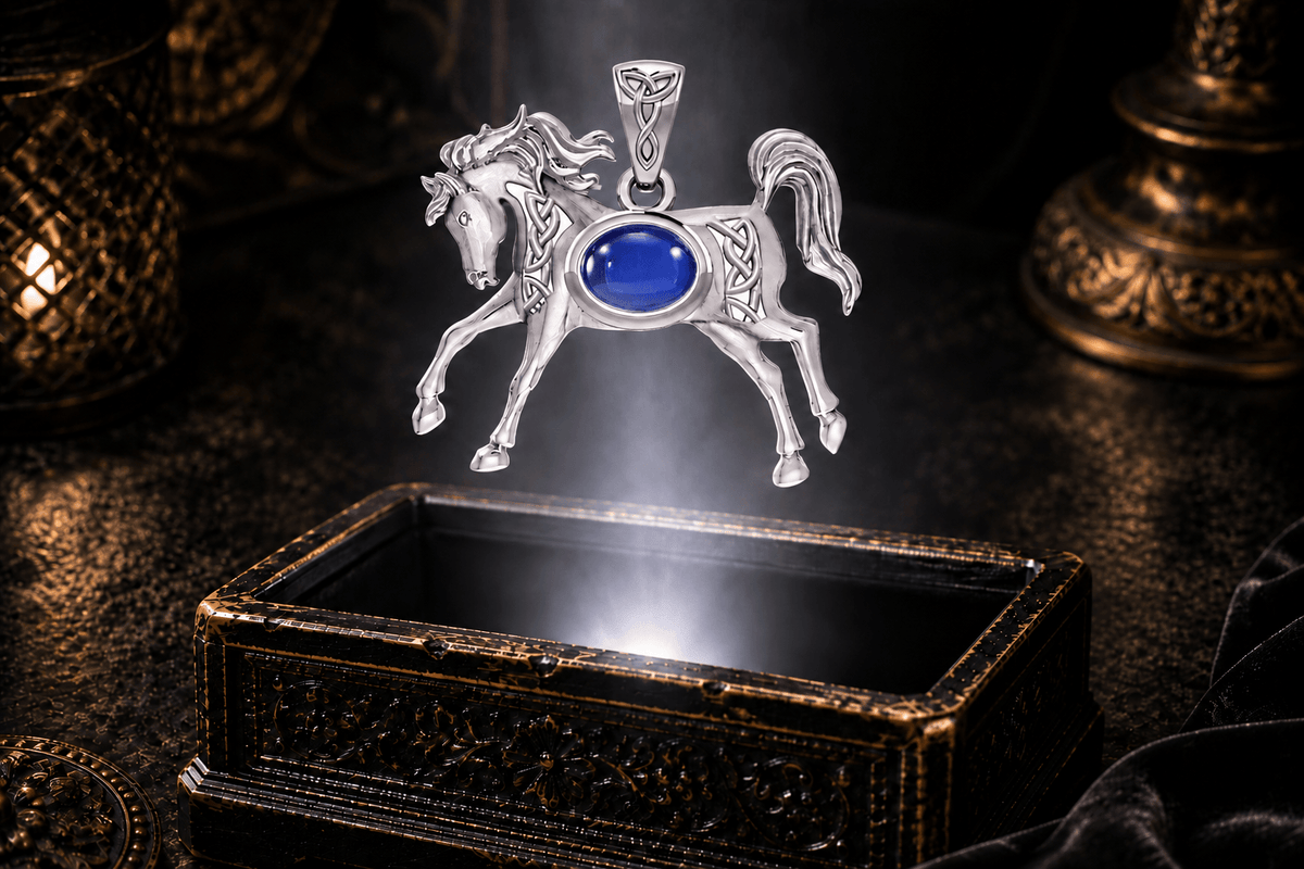 White gold horse pendant with blue created sapphire, Celtic knotwork panels and sculpted mane floating above an antique chest.