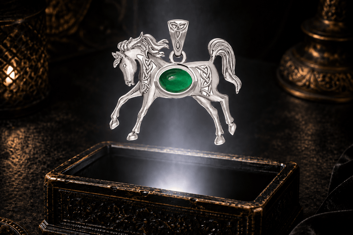 14K white gold horse pendant with green emerald glass centerpiece, open Celtic knotwork and sculpted running horse details.