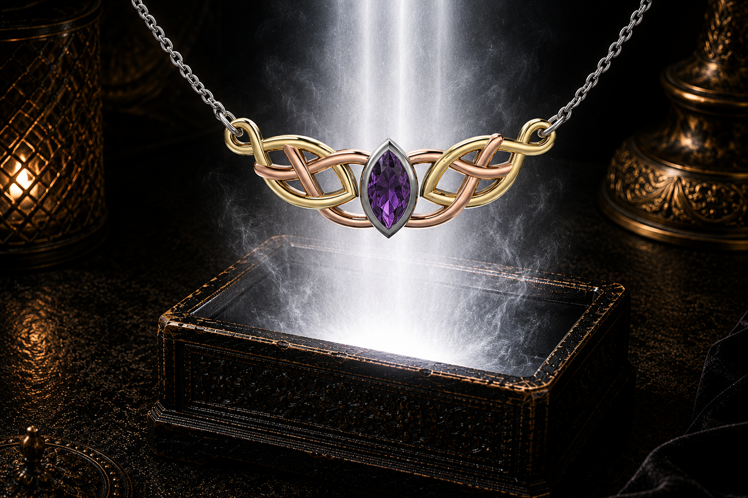 Sterling silver Celtic infinity weave necklace with amethyst gemstone and gold accents floating above an ornate jewelry box in a dark cinematic luxury setting
