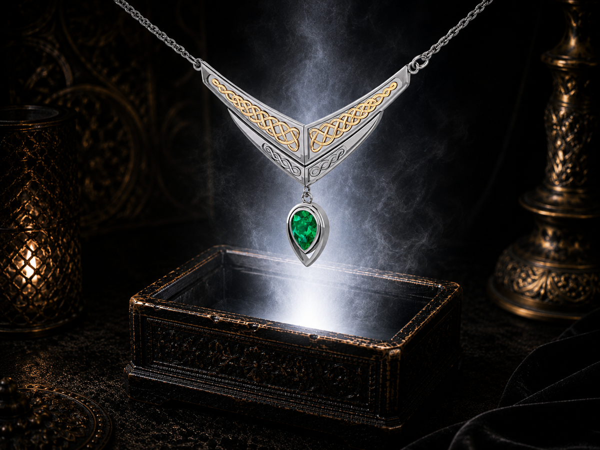 Sterling silver Celtic interlace wing necklace with gold accents and emerald green gemstone floating above an ornate dark jewelry box surrounded by elegant glowing light.