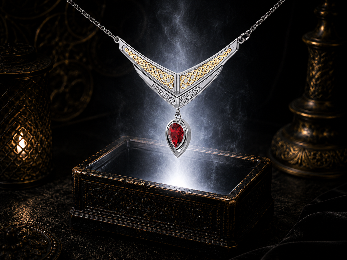 Sterling silver Celtic interlace wing necklace with gold accents and garnet gemstone suspended above an ornate jewelry box within a rich shadowed luxury setting illuminated by warm light.