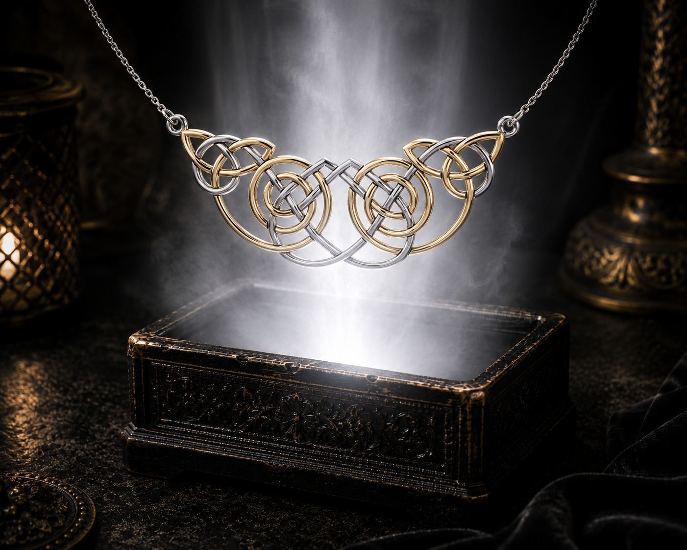 Sterling silver Celtic interwoven knot necklace with 14K gold accents floating above an ornate jewelry box surrounded by soft glowing light in a dark luxury setting.