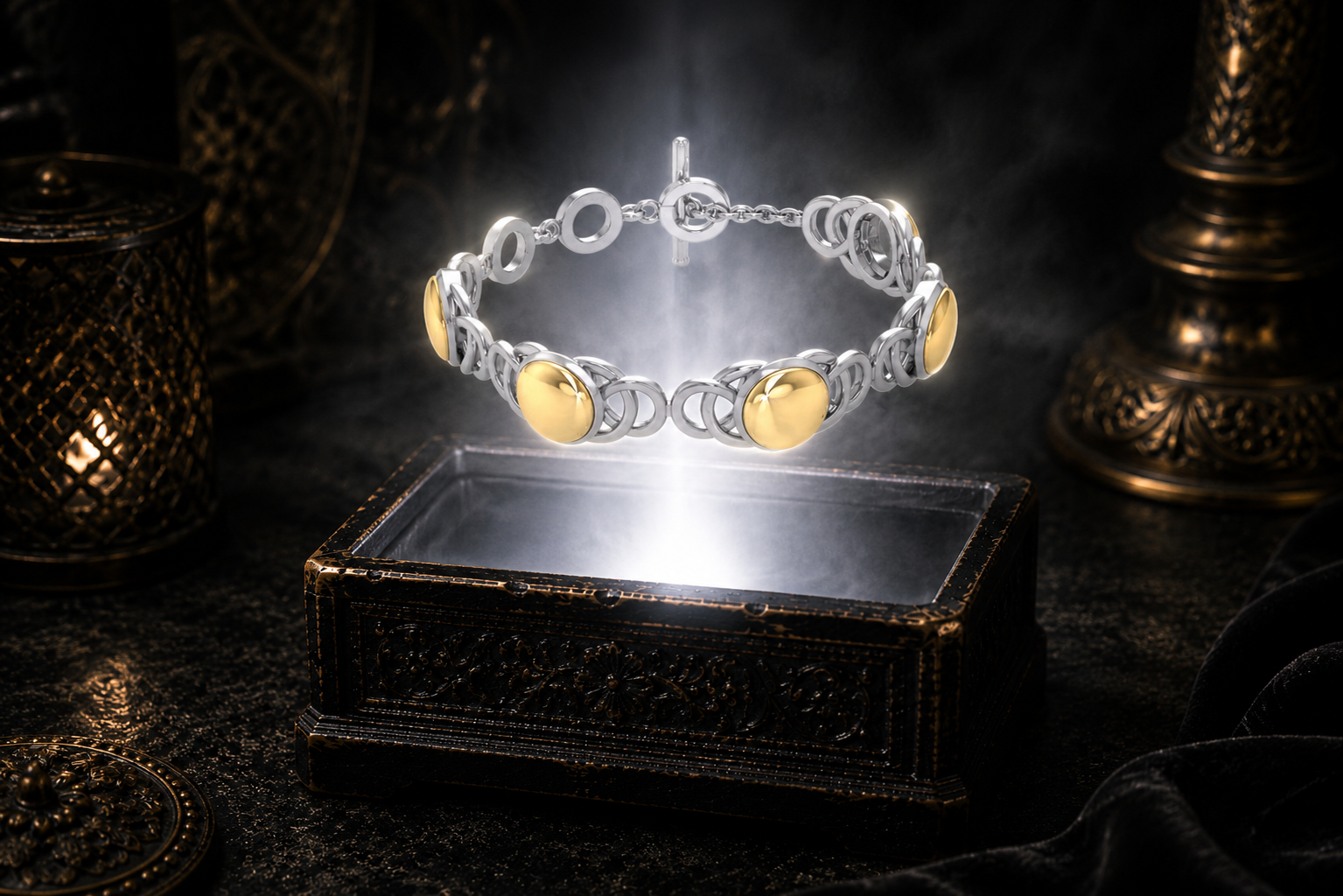 Sterling silver Celtic knot bracelet with 14K gold accents floating above an ornate jewelry box illuminated by a soft white glow in a dark luxurious Celtic-inspired setting with candlelight, antique metalwork, and a mystical heirloom atmosphere.