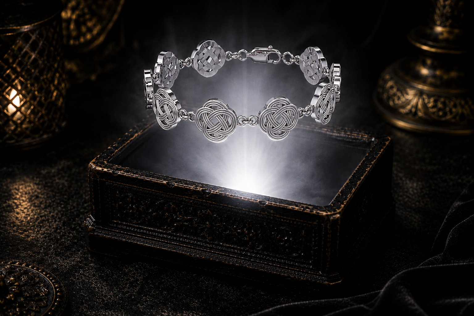 Sterling silver Celtic Quaternary Knot link bracelet suspended above a carved antique jewelry chest surrounded by luminous mist and elegant cinematic lighting.