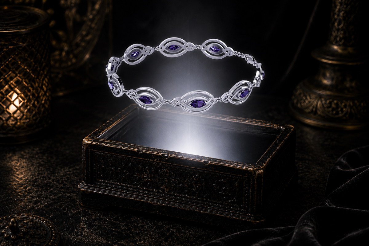 Sterling silver Celtic knot bracelet with amethyst marquise gemstones floating above an ornate jewelry box surrounded by luminous mist in an elegant shadowed environment.
