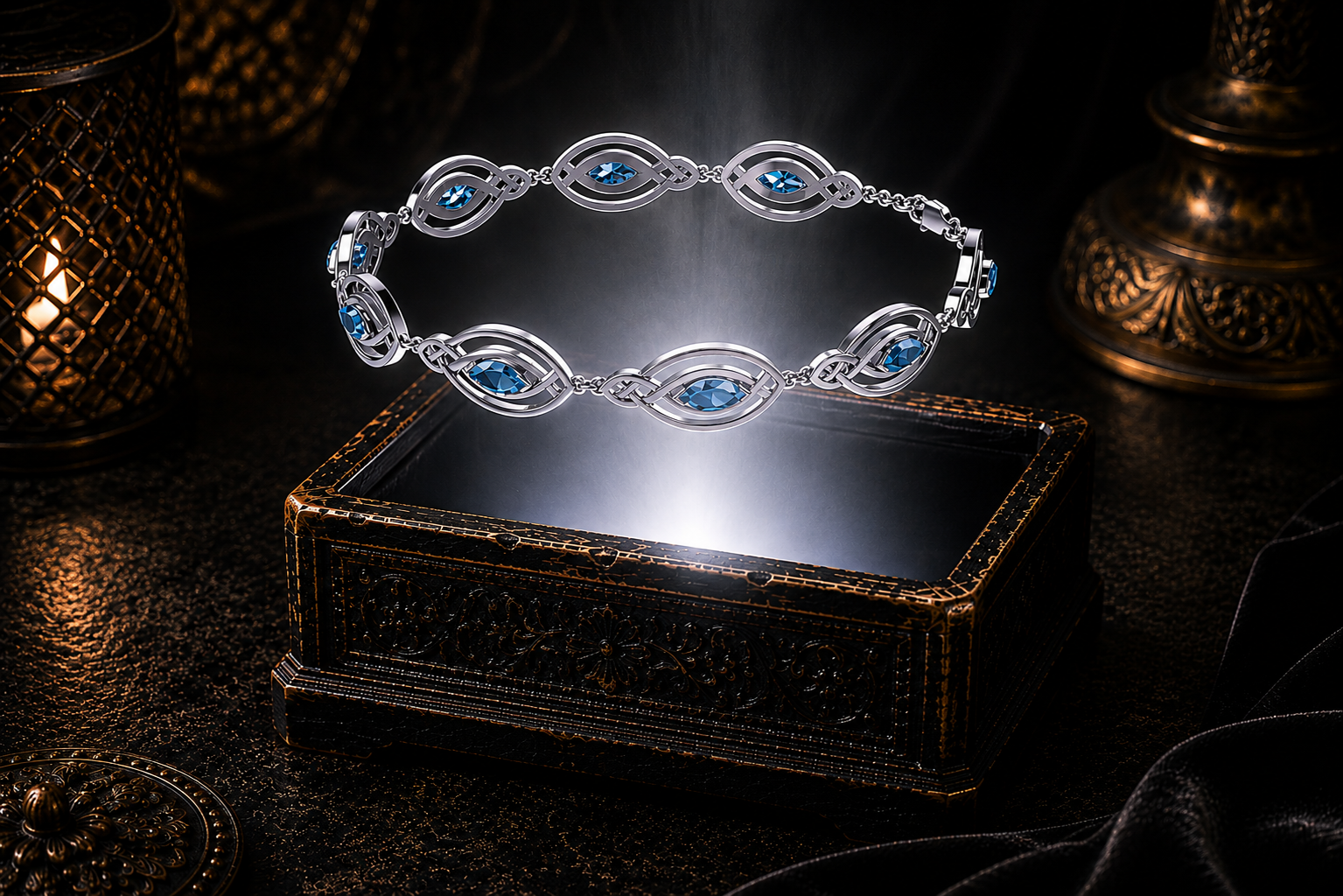 Sterling silver Celtic knot bracelet with garnet marquise gemstones floating above an ornate black jewelry box illuminated by soft white light in a dark luxury Celtic-inspired setting.