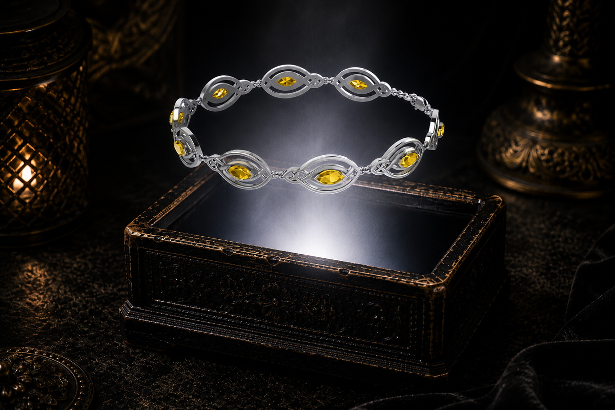 Sterling silver Celtic knot bracelet with citrine marquise gemstones hovering above an antique jewelry box illuminated by soft white light and warm candlelit accents.