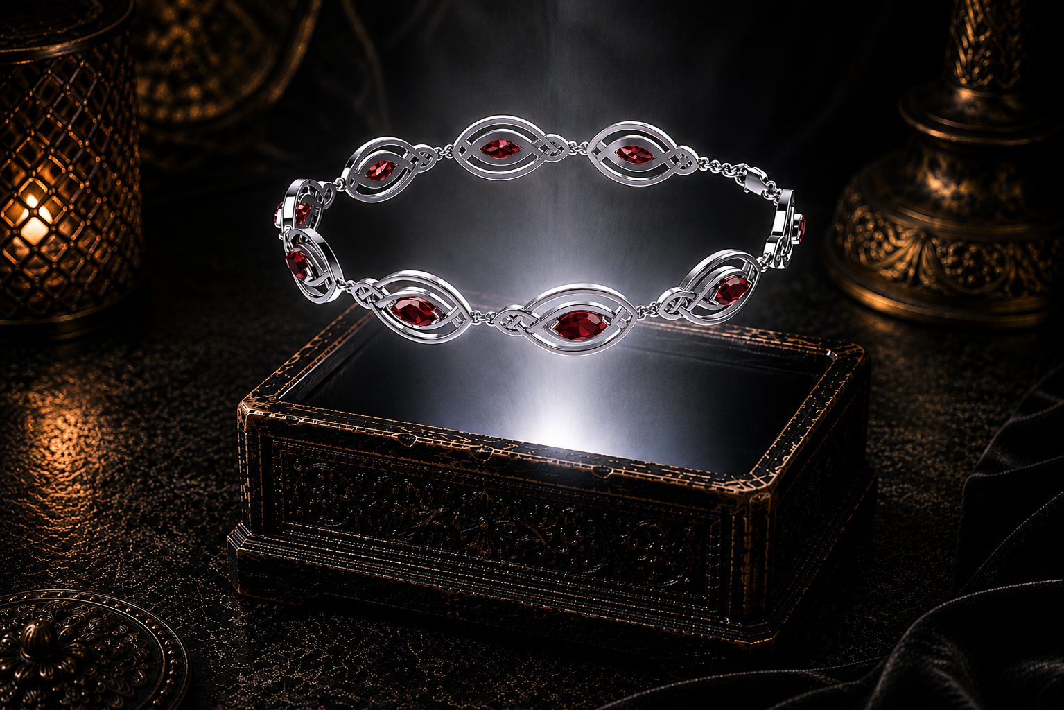 Sterling silver Celtic knot bracelet with garnet marquise gemstones floating above an ornate black jewelry box illuminated by soft white light in a dark luxury Celtic-inspired setting.