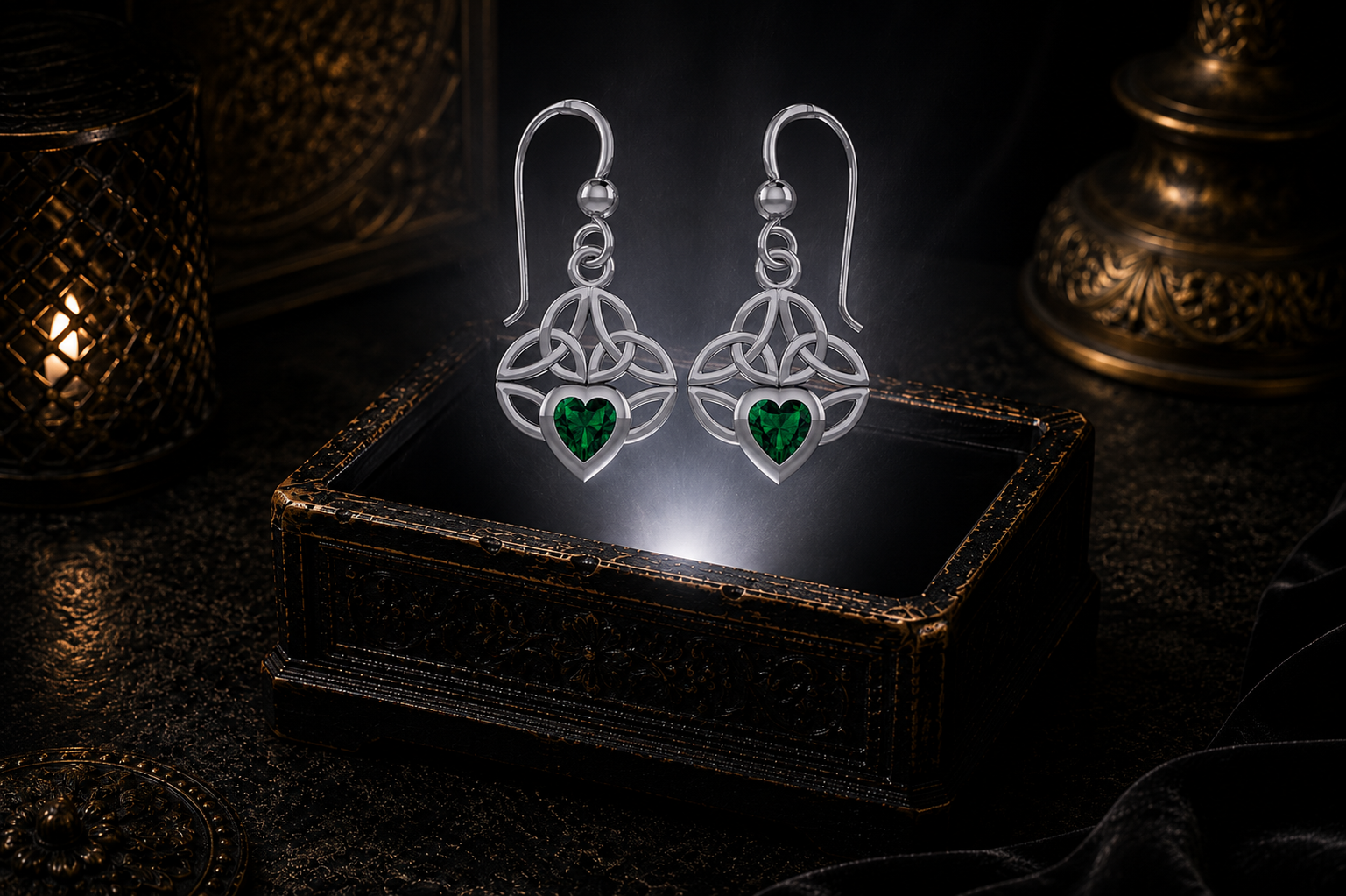 Sterling silver Celtic knot earrings with emerald glass heart gemstones floating above a glowing ornate jewelry box in a dark luxury setting