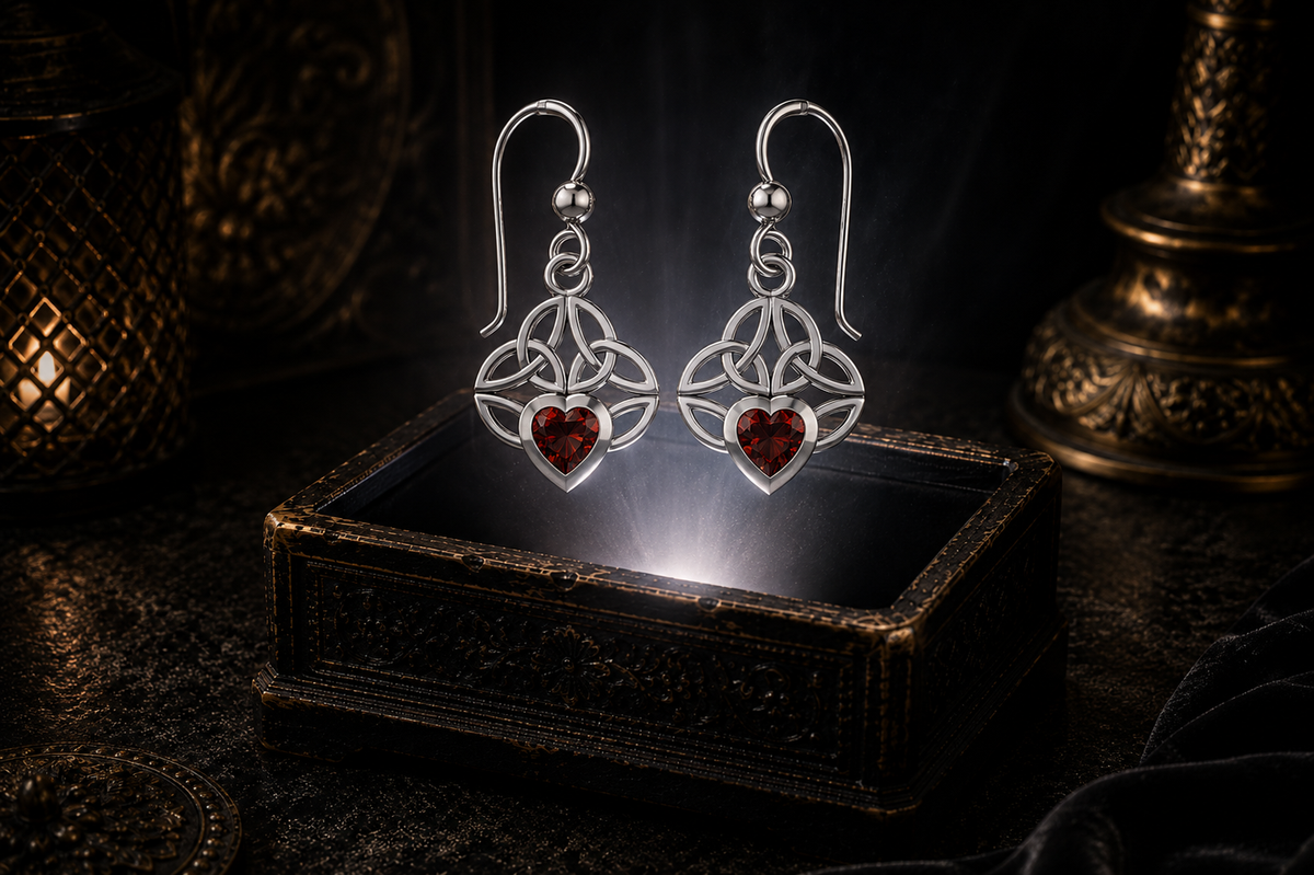Sterling silver Celtic knot earrings with garnet heart gemstones floating above a glowing ornate jewelry box in a dark luxury setting