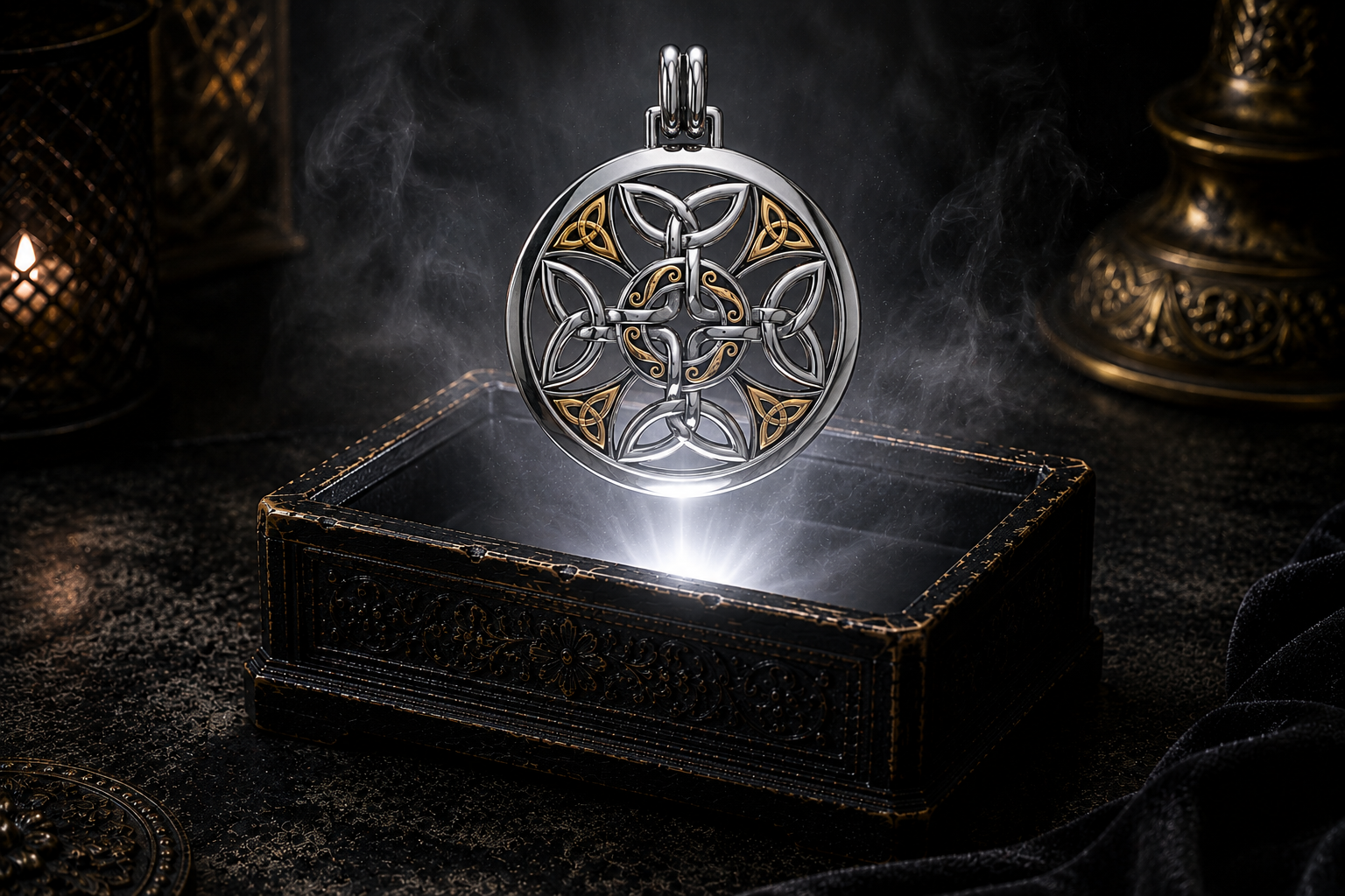 Sterling silver Celtic knot mandala pendant with 18K gold accents floating above an ornate dark jewelry box surrounded by luminous white light and drifting mist in a cinematic luxury setting, featuring intricate triquetra knotwork and sacred geometric symbolism.