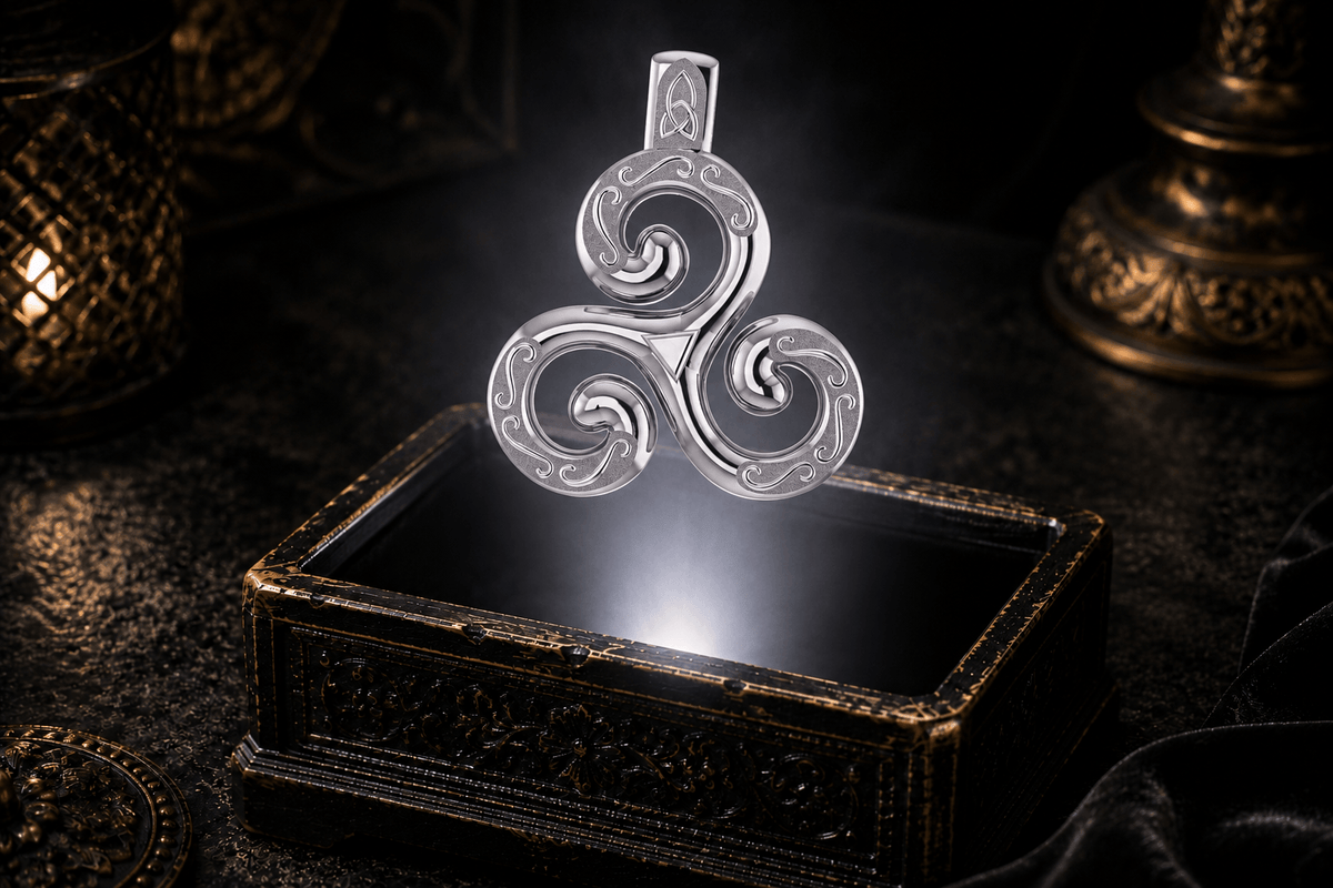 Sterling silver Celtic knot pendant with three engraved Triskele spirals, floating above an antique jewelry box illuminated by soft white light.