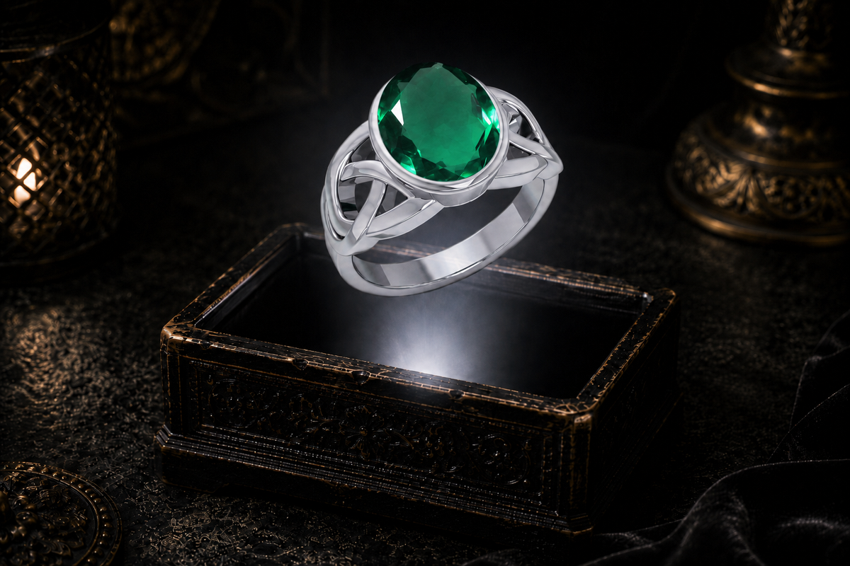 Sterling silver Celtic ring with an emerald green oval gemstone and open interwoven knotwork in a dark jewelry setting