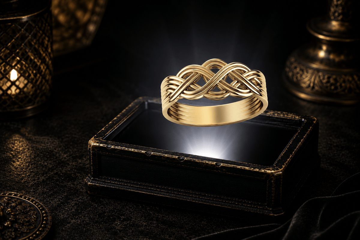 Wavy 14K yellow gold Celtic knot ring with polished interwoven openwork strands